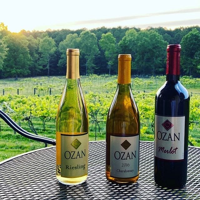 Three bottles of wine on an outdoor table with the sun setting in the background