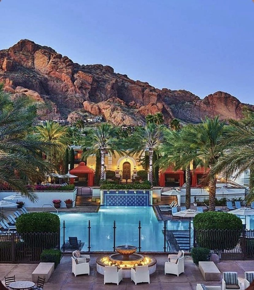 Hotel swimming pool and deck area in front of mountain at Hotel swimming pool in front of mountain at Super Bowl LVII