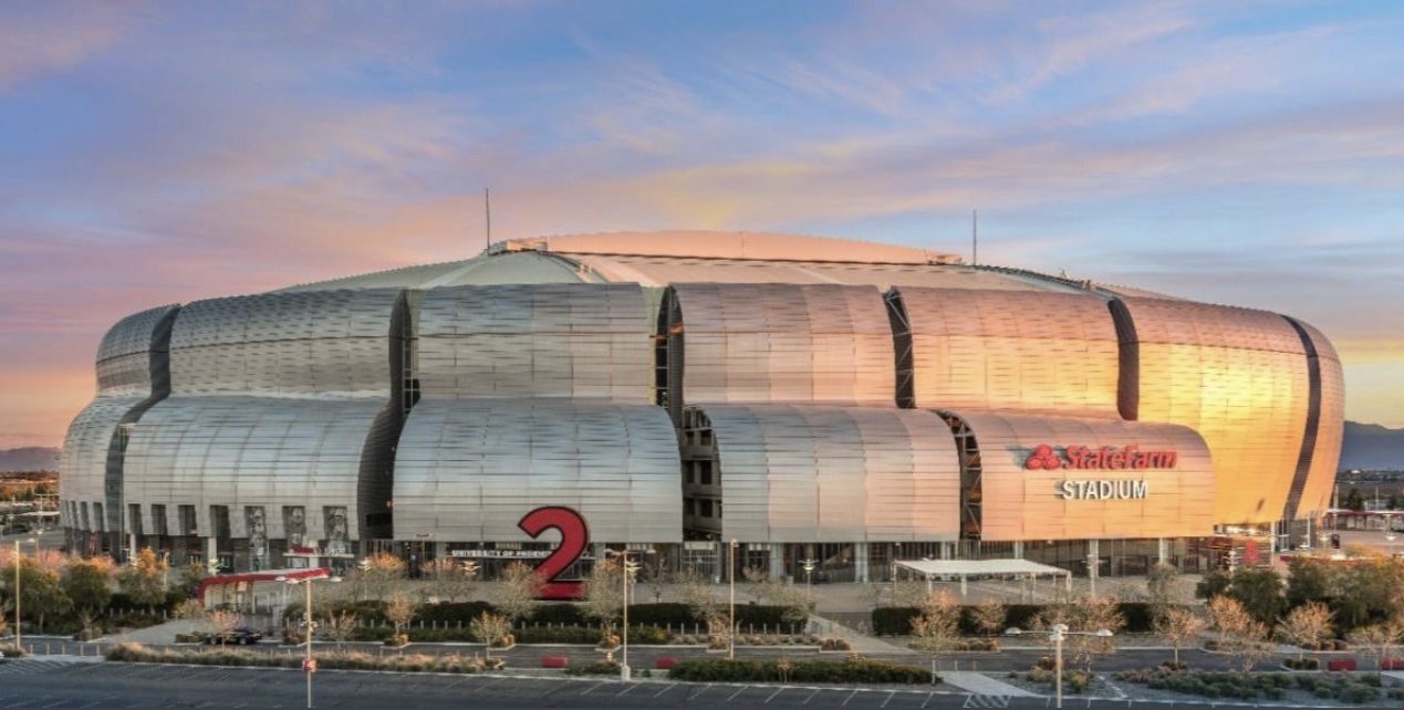 Outside view of State farm Stadium hosting Super Bowl LVII